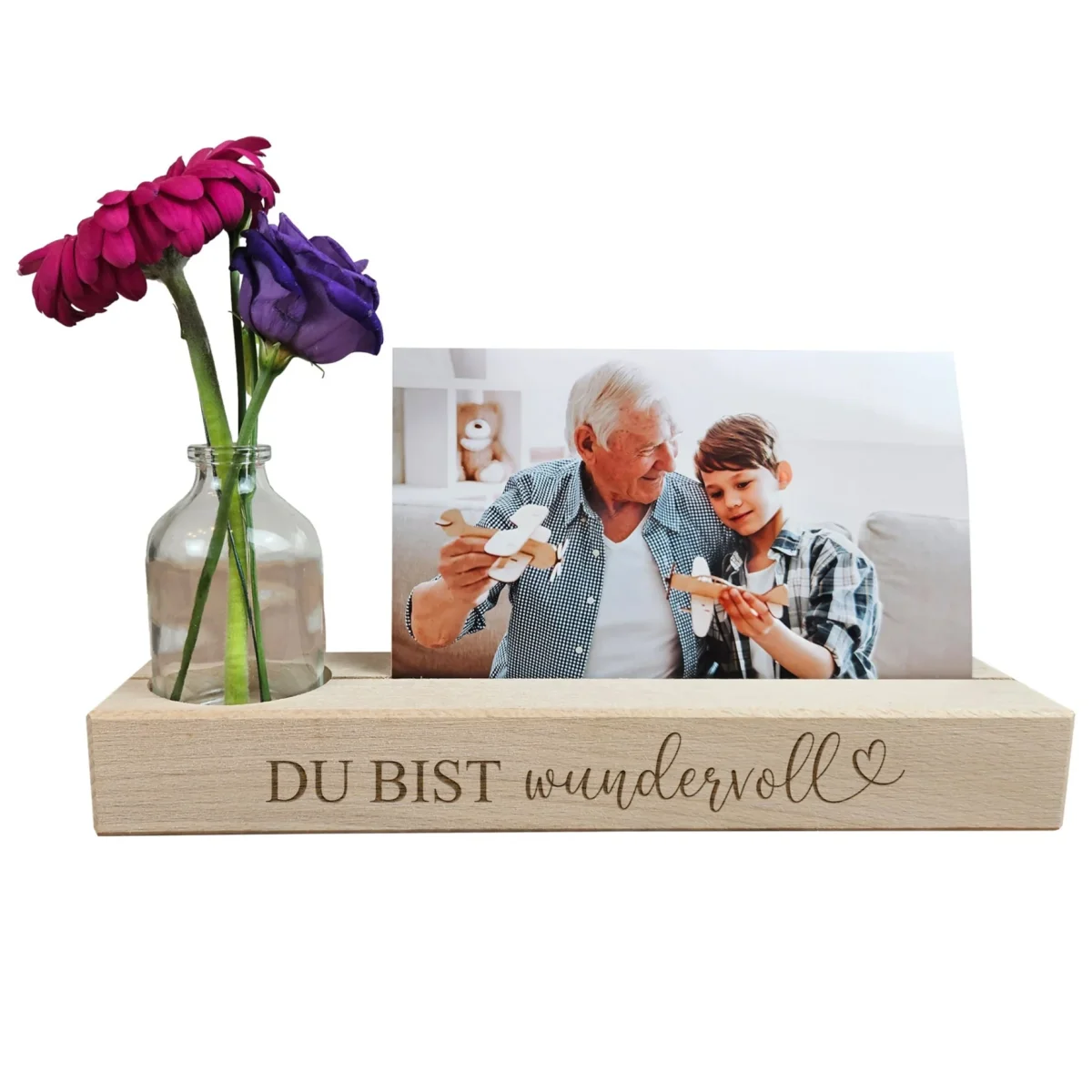Fotoständer aus Holz mit Vase – Geschenk für Mama, Oma oder Freundin – Du bist wundervoll