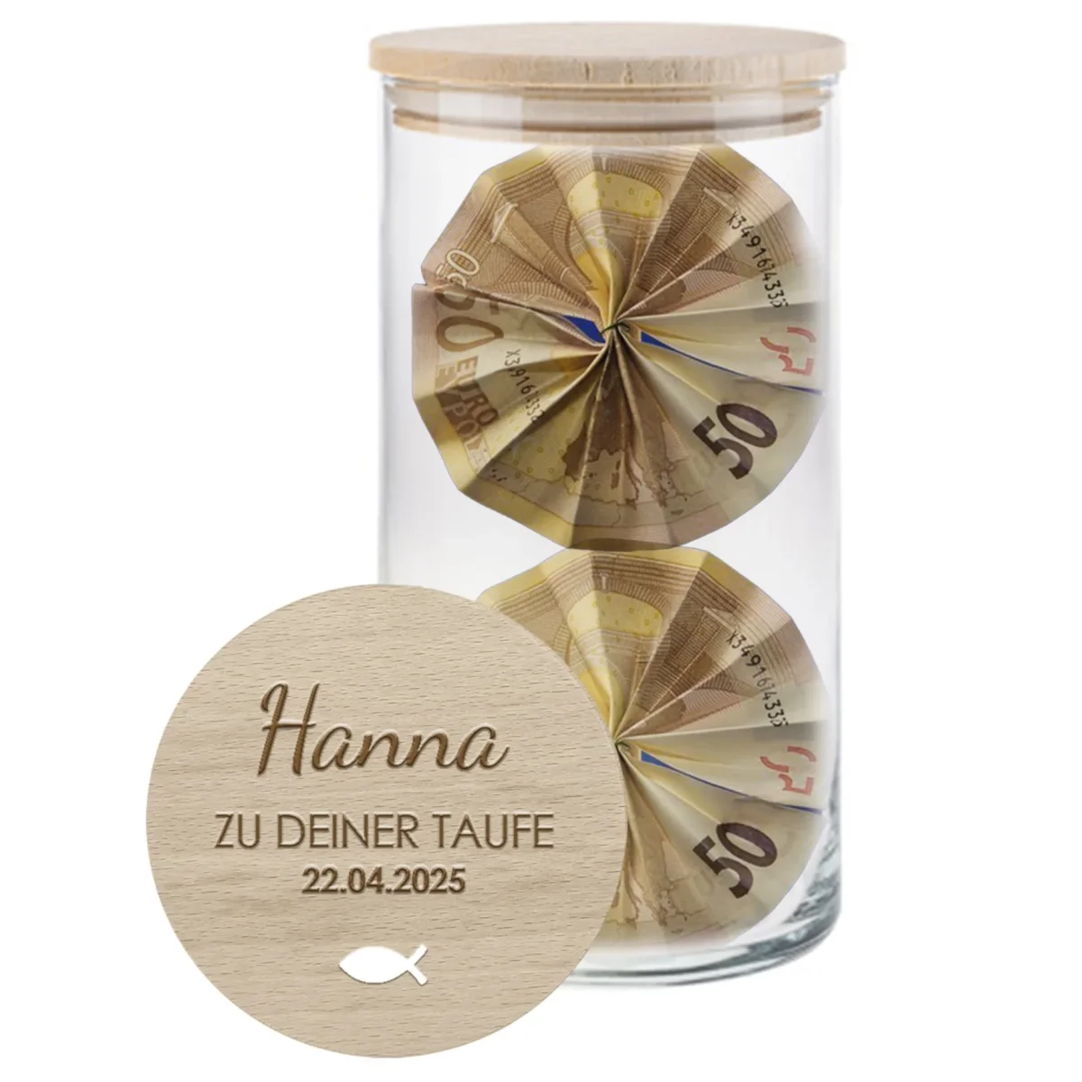 Geldgeschenk Taufe & Konfirmation Fisch | Vorratsglas mit Gravur & 3D-Fisch | Geldgeschenk Mädchen & Junge | personalisiert mit Name